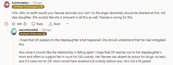 If the stepdaughter has a mother, why did OP raise her while the fiancé was in jail and rehab? Something tells me her mother is not in her life.
