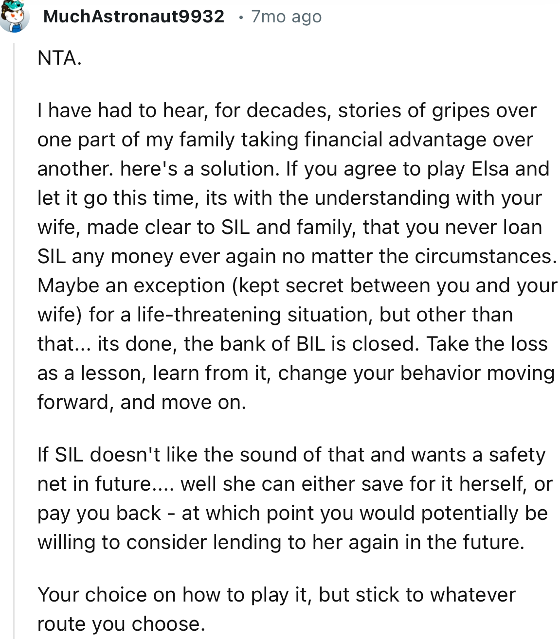 “If SIL doesn't like the sound of that and wants a safety net in the future.... well, she can either save for it herself or pay you back.”