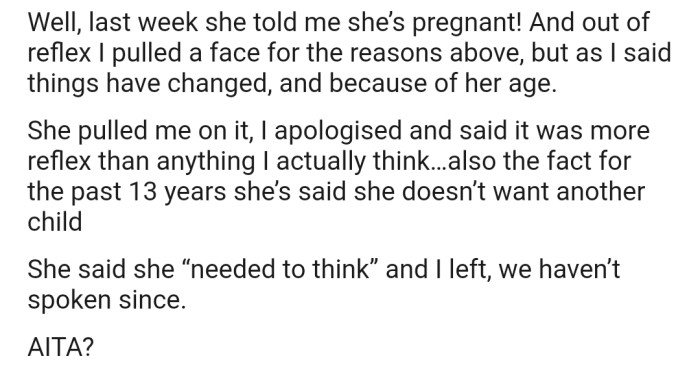 OP was shocked to find out that their mom is pregnant, even after stating that she didn't want another child