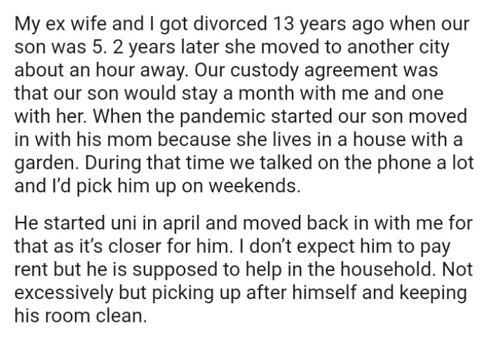 The OP and his ex-wife got divorced years ago when their son was only five years old.