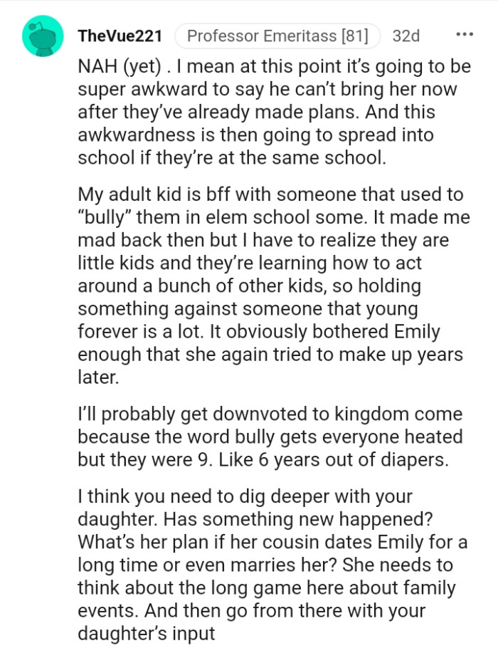 This Redditor's adult child is friends with someone who used to bully them back in elementary school.