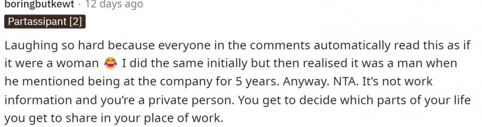This person definitely stated that he's NTA for feeling this way, and whatever he wants to tell his coworkers is up to him.