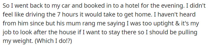 Feeling hurt and frustrated by the situation, the woman decides to check into a hotel for the evening instead of driving back home.
