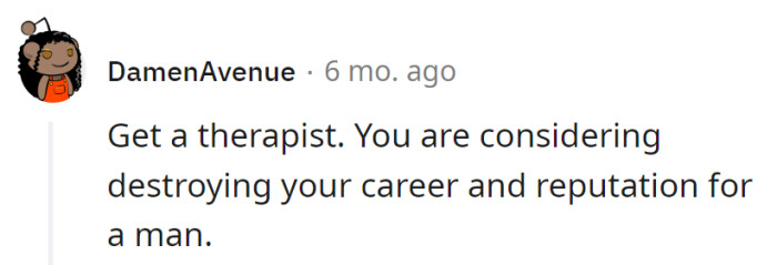 Therapy, not career sabotage. Plot twist: prioritizing goals over heartache.