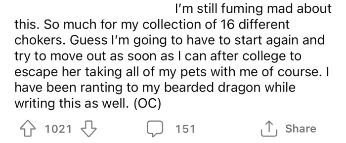 Now the OP says she will have to start her choker collection all over again.