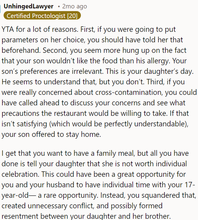 OP should have set parameters for her choice beforehand.