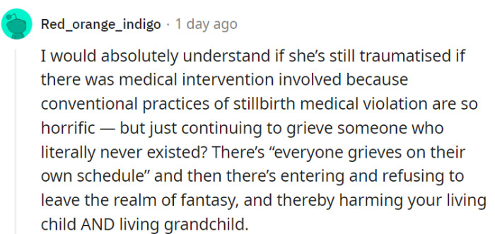 OP's mom might need a GPS to find her way back from the realm of fantasy, where she's keeping a non-existent person on eternal grief support.