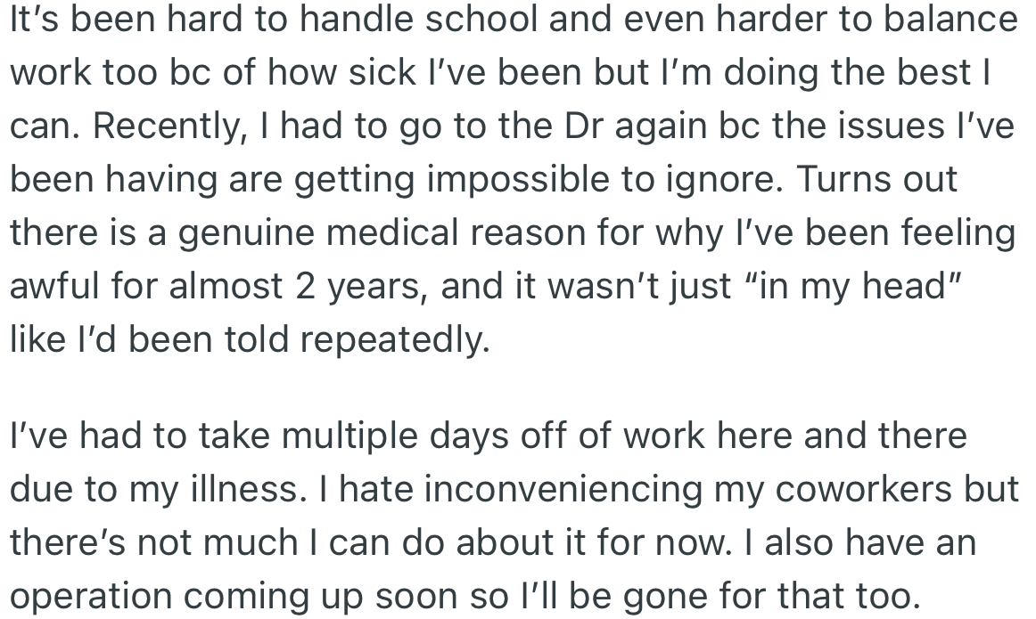 OP Found It Difficult to Handle Schoolwork and Office Work and Has Had to Take Days Off Work. Recently, She Discovered the Reason for Her Years of Illness.