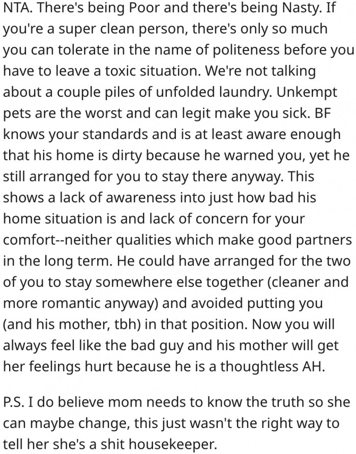 15. Her boyfriend should have arranged for them to stay elsewhere since he knows her standards.