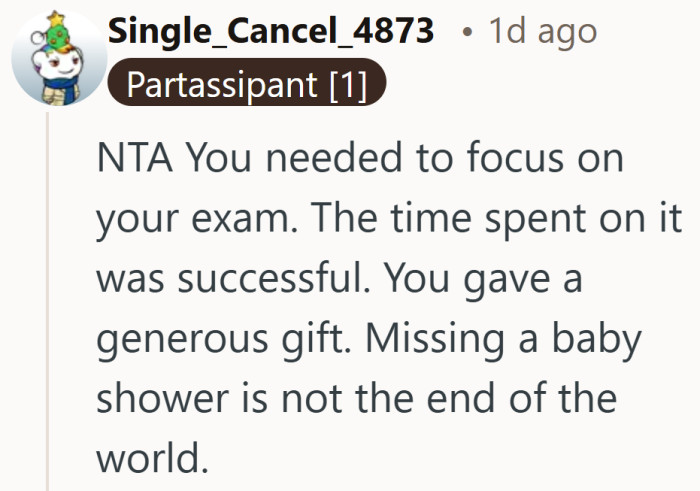 Studying paid off, and the baby still got a thoughtful gift.