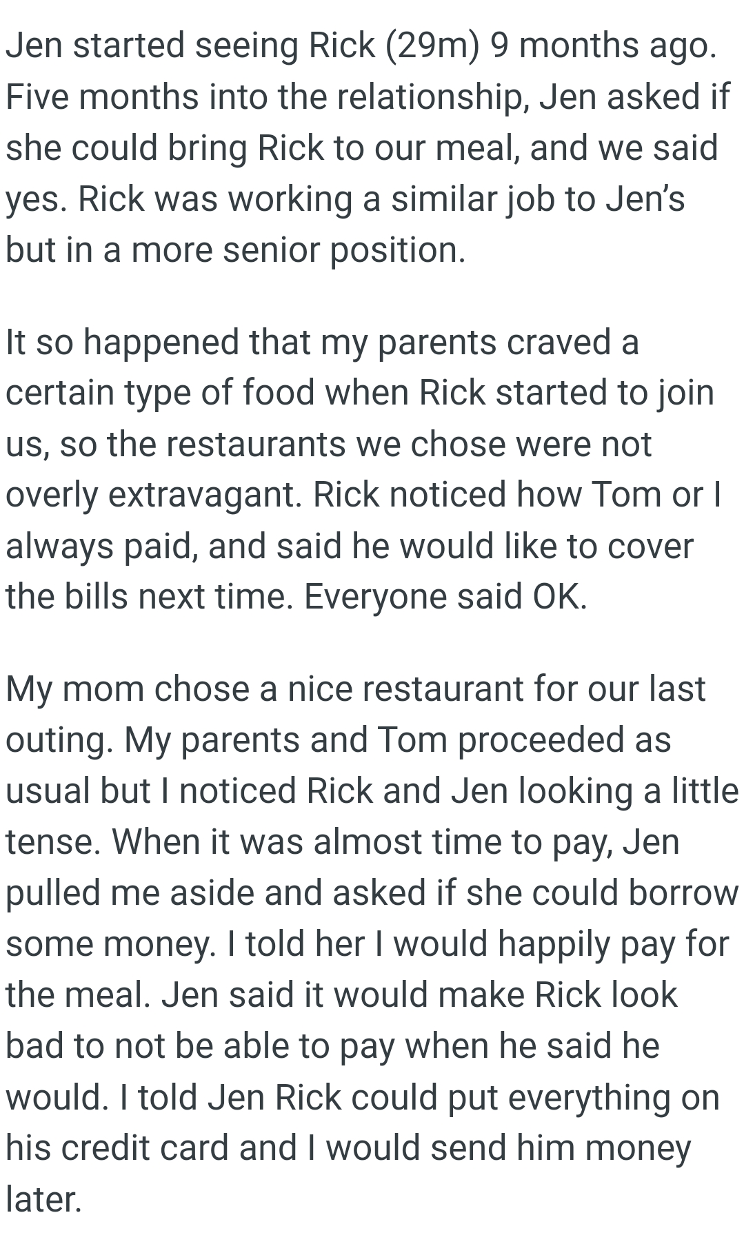 OP's parents and Tom proceeded as usual, but OP noticed Rick and Jen looking a little tense