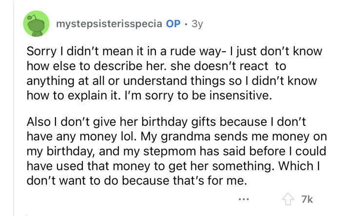 OP can't afford to buy people gifts with her current financial state.
