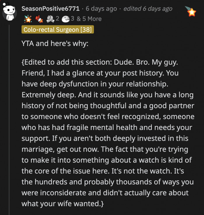 The post added more context to the state of their marriage, but OP is still the a**hole according to this comment