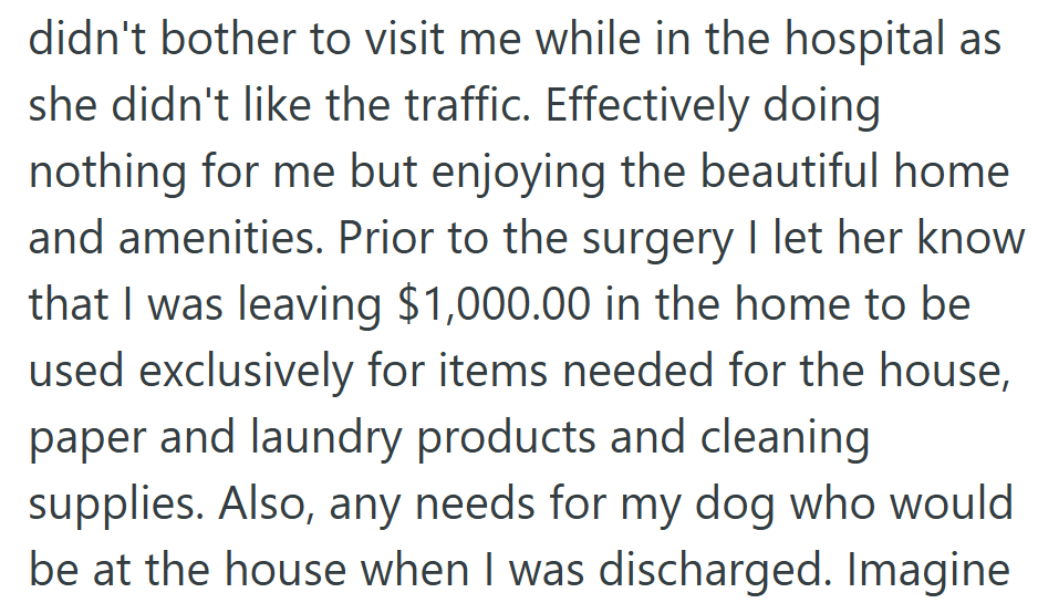 She left $1,000 for essentials and pet care—a gesture soon taken far beyond its intent.