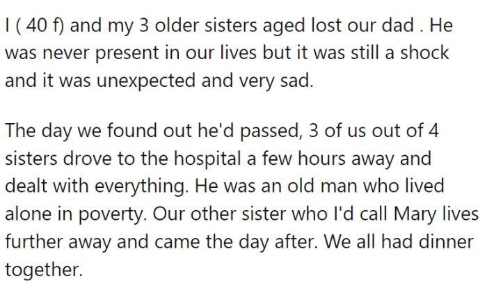 OP, a 40-year-old, recently lost her dad. He wasn't really around when she and her three sisters were growing up, but that doesn't make the loss any easier.