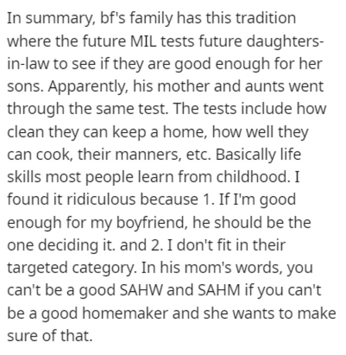 OP explains that her boyfriend's family has a tradition where his mother tests any future daughters-in-law to see if they're good enough for him