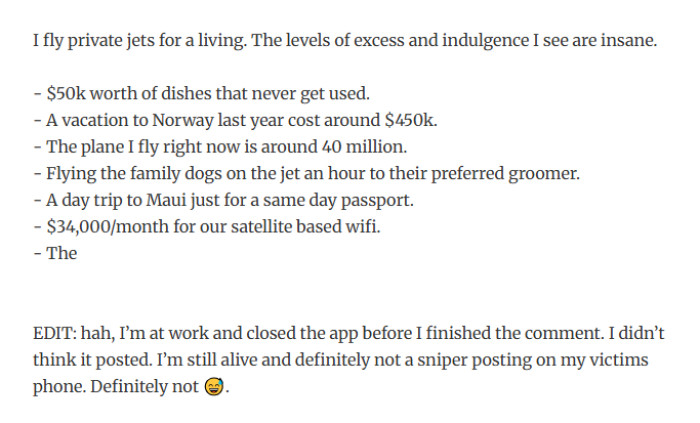 17. A pilot shares the shocking luxuries his clients treat as normal