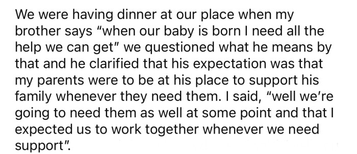 The Redditor and his brother argued about who would need their parents' help more with their kids.