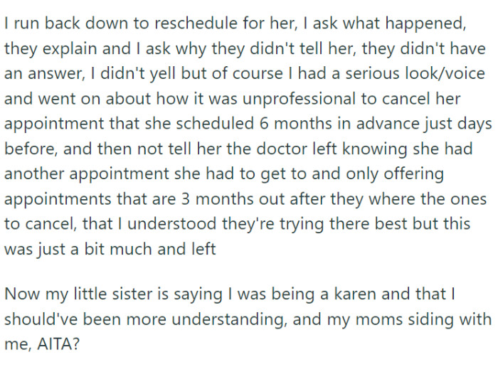 OP's sister accused her of being a 'Karen,' insisting she should have been more understanding