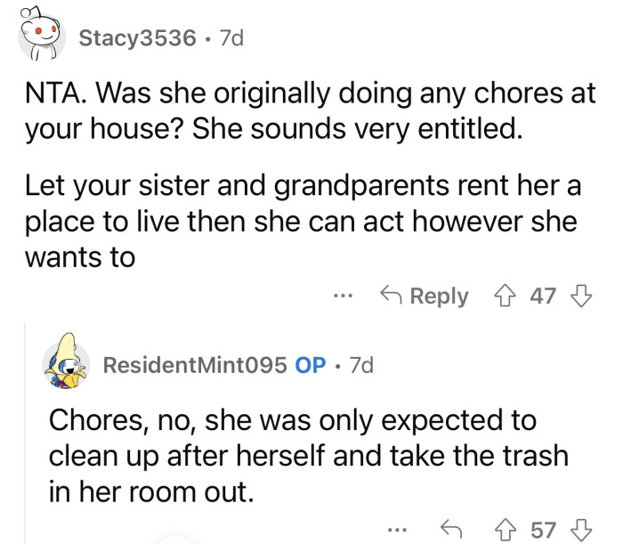 The niece was never expected to do any chores.