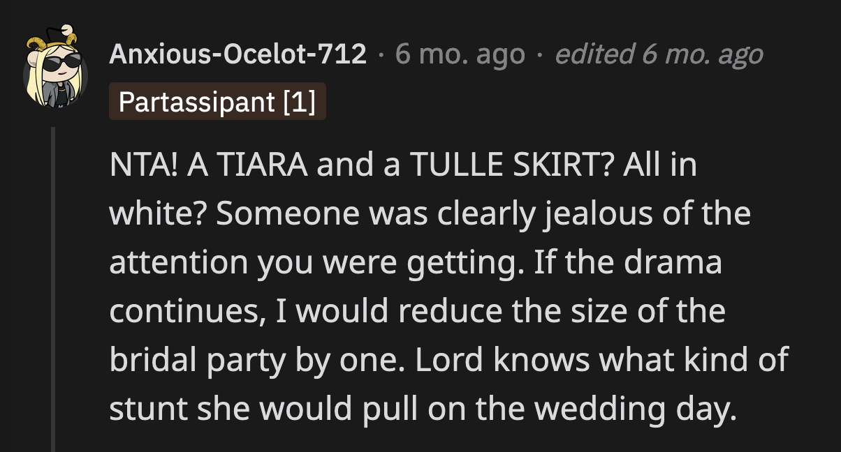 At the very least, Sarah should be removed from OP's bridal party after the stunt she pulled.