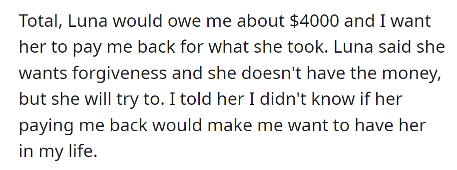 Luna owes $4,000 but seeks forgiveness. She'll try to repay, but OP isn't sure it'll mend their relationship.