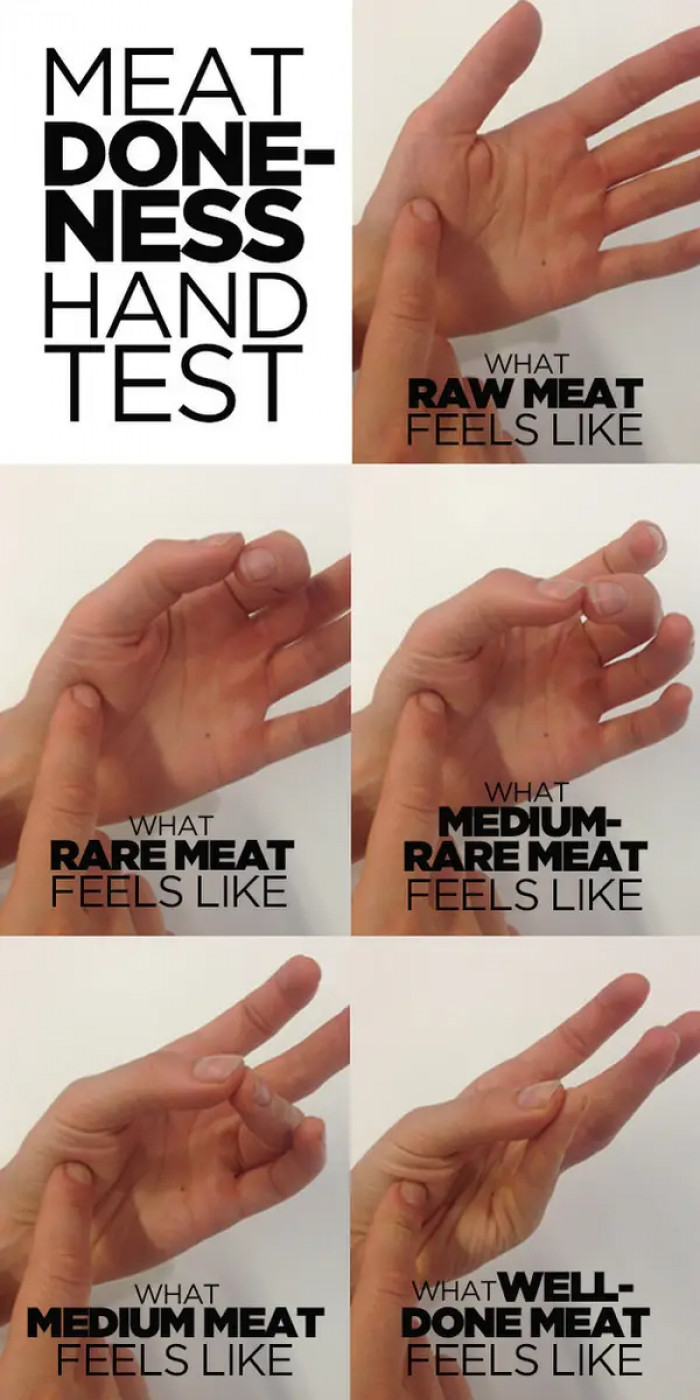 22. Instead of cutting meat to check if it's done, use the hand doneness test instead.