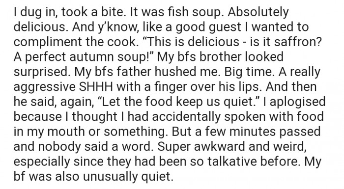 OP tried starting a conversation at the dinner table, but to her surprise, she was hushed by her boyfriend's dad