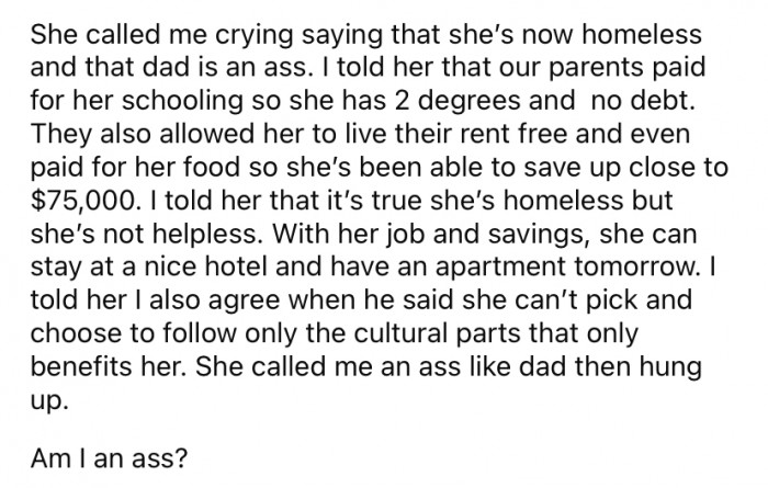 The Reddit user says that Jess called him crying and said that she's now homeless.