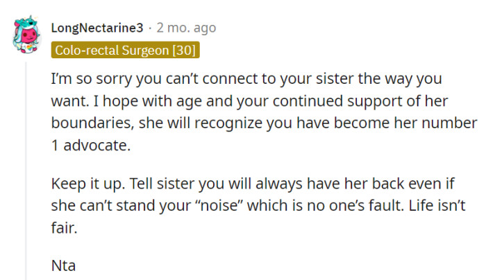 OP's ongoing support for their sister's boundaries may eventually lead to recognition as her advocate.