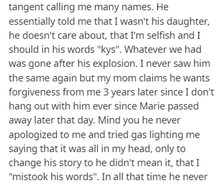 The stepfather started calling OP hurtful names, and he even told her that she should kill herself
