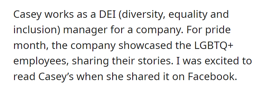 Casey, now a DEI manager, shared her LGBTQ+ story on Facebook as the company featured employees for Pride Month.
