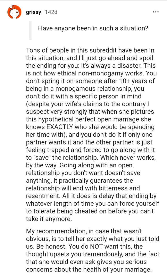 The other partner is feeling trapped and forced to accept