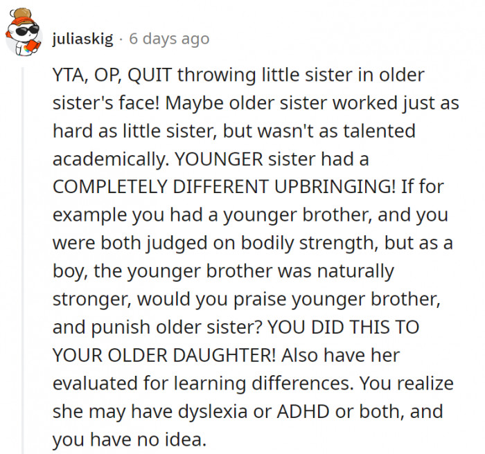 OP keeps comparing both of her children. They are not the same people–why can't she grasp that?