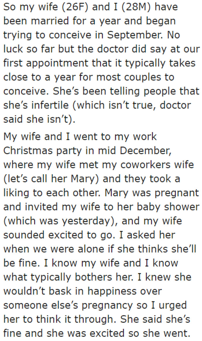 The couple has been trying to conceive but hasn't been successful.