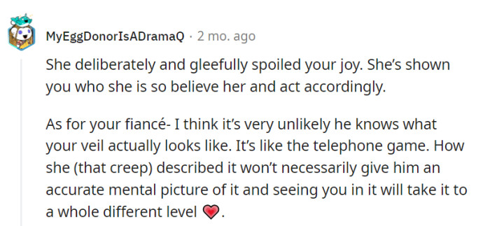 She may have gleefully spoiled it, but her description can't capture the real magic. The true enchantment unfolds when he sees the veil.