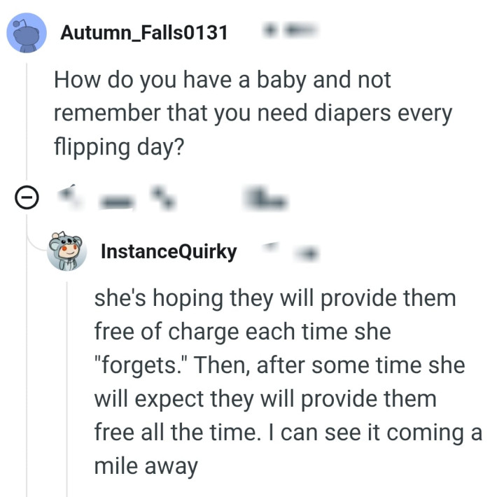 She's hoping the OP would provide the diapers free of charge