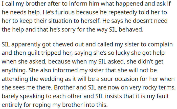 OP's sister-in-law complained to OP's sister and won't go to the wedding, blaming OP for her marital problems.