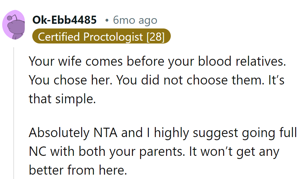 Choose the spouse, not the blood! Full NC with parents might be the winning move.