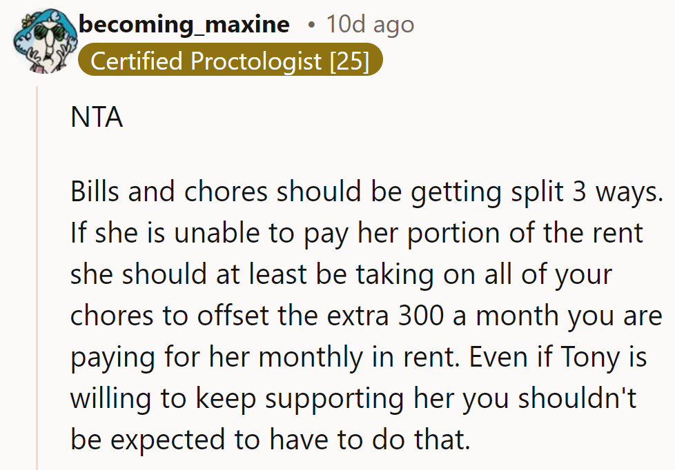NTA. If Kate can’t pay rent, she should handle all chores to balance the $300 gap.