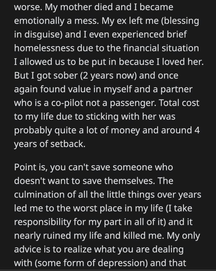 OP will soon get dragged down into the pit if he doesn't protect his own mental health.