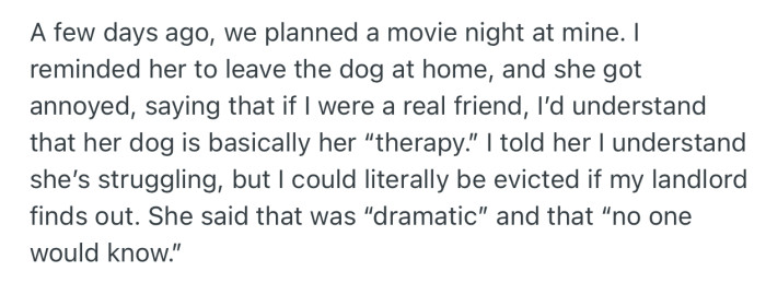They recently planned a movie night at OP’s place. As expected, she tried to bring the dog, but he warned her against it