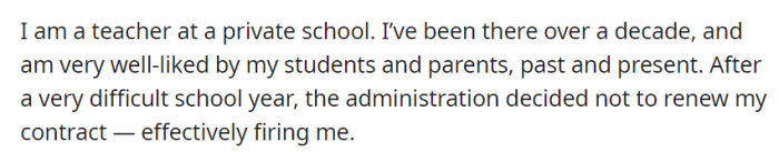 Despite a decade of dedicated teaching and strong support from students and parents, OP was unexpectedly let go by the administration after a tough school year.