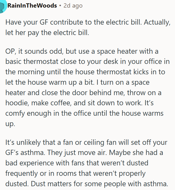 OP should let her cover the electric bill.