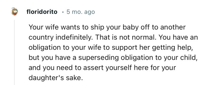 “Your wife wants to ship your baby off to another country indefinitely. That is not normal.”
