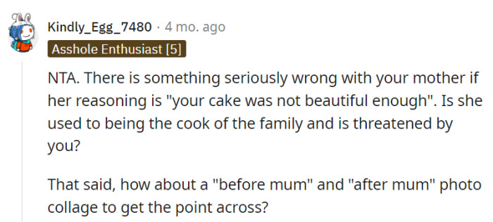 If her concern is merely cake aesthetics, there might be some insecurity about their culinary skills. How about a 