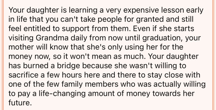 OP's daughter has burned a bridge with her past behavior.