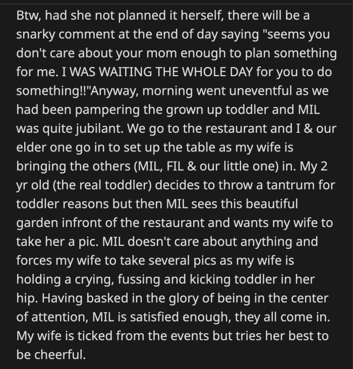 OP knew his MIL was up to something when she ordered something ordinary. She was implying to her daughter that she wasn't special by ordering something mundane. His wife asked her mom why she ordered something they could have at home any day.