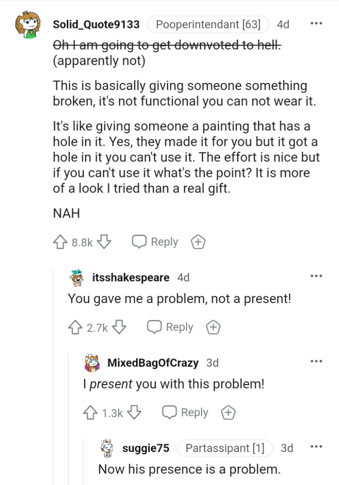 When you give someone something that's not functional, how do you expect them to wear it?