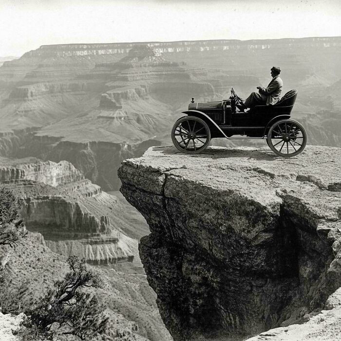 "Tourist And His Car At The Edge Of The Grand Canyon. Arizona, USA. 1914"
